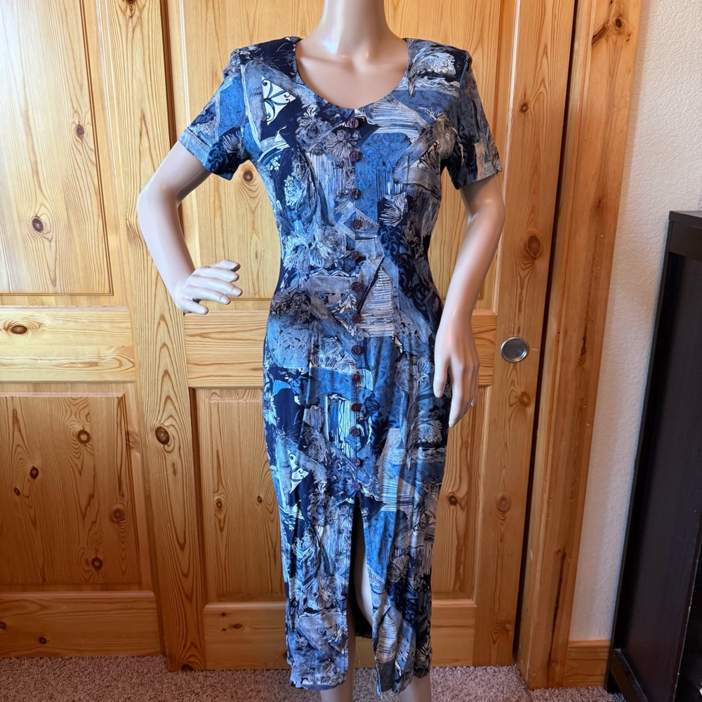 Vintage All That Jazz Midi Wiggle Dress Size 7/8 Blue Black Floral Grunge